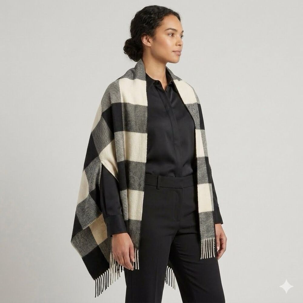 J. Crew Plaid Cape Scarf Poncho Wrap with Armholes Black and White Buffalo Plaid